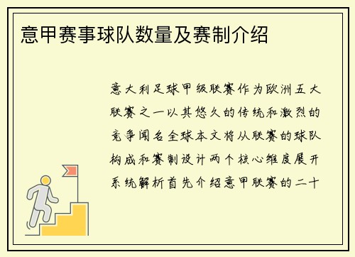 意甲赛事球队数量及赛制介绍